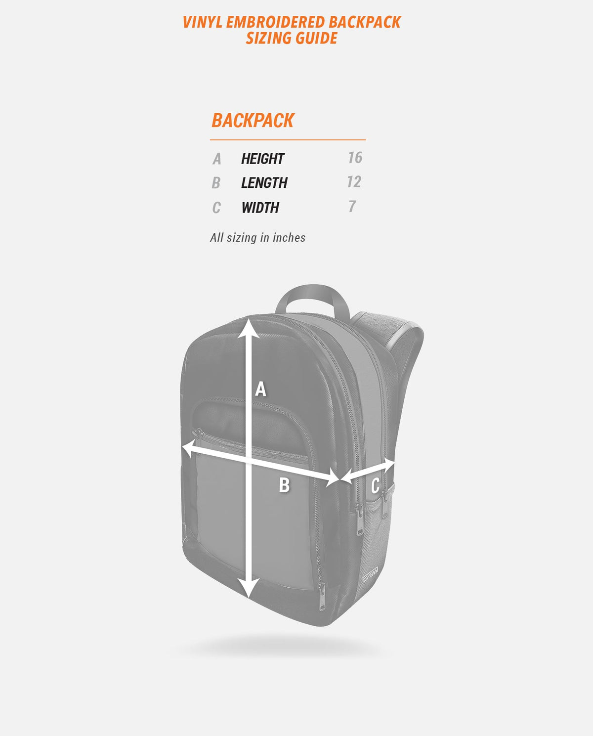 Vinyl Embroidered Backpack sizing guide